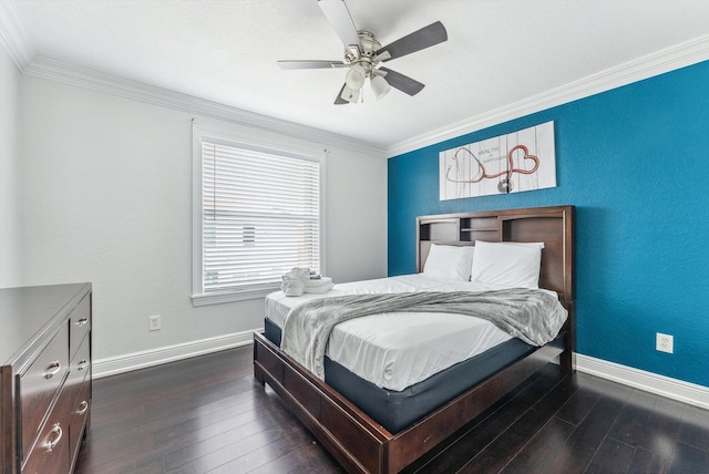 bedroom featuring dark wood-style flooring, baseboards, crown molding, and a ceiling fan