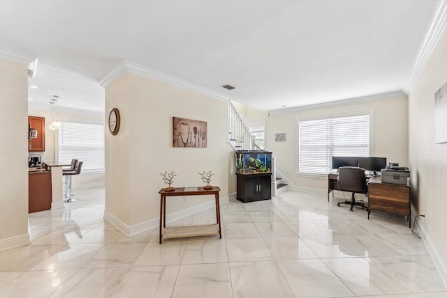 interior space featuring crown molding, baseboards, and marble finish floor