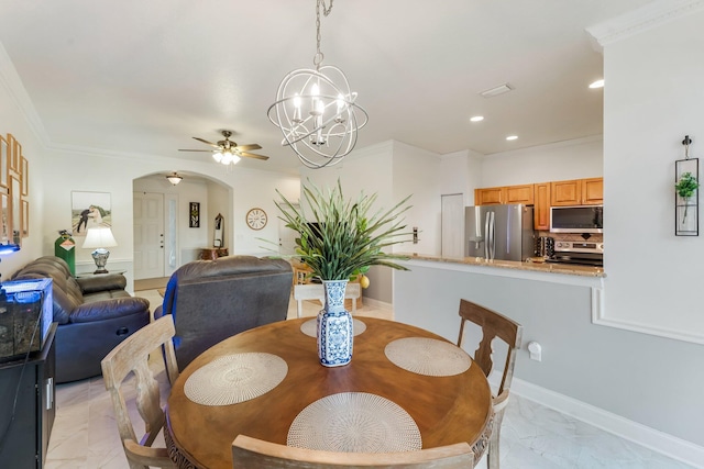 273 River Bluff Ln, Royal Palm Beach, FL 33411 - dining area with arched walkways, light marble finish flooring, recessed lighting, a chandelier, and ceiling fan