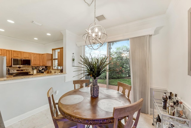 273 River Bluff Ln, Royal Palm Beach, FL 33411 - dining space featuring a chandelier, recessed lighting, crown molding, and light marble finish floors