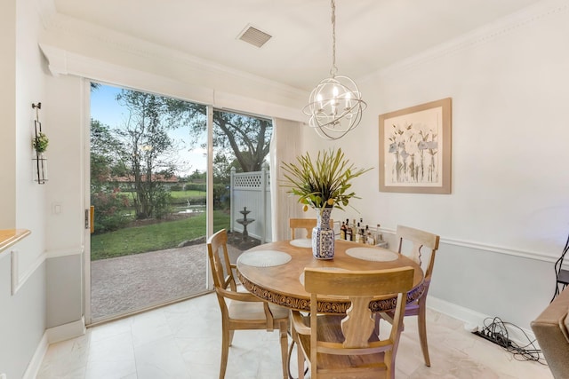 273 River Bluff Ln, Royal Palm Beach, FL 33411 - dining room with light marble finish floors, a chandelier, baseboards, and crown molding