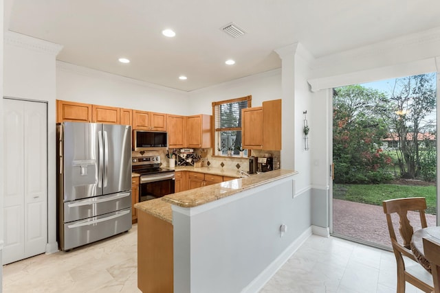 273 River Bluff Ln, Royal Palm Beach, FL 33411 - kitchen with stainless steel appliances, crown molding, a peninsula, light marble finish floors, and tasteful backsplash