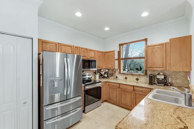 273 River Bluff Ln, Royal Palm Beach, FL 33411 - kitchen with stainless steel appliances, a sink, backsplash, ornamental molding, and light marble finish flooring