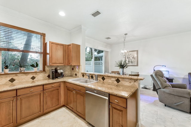 273 River Bluff Ln, Royal Palm Beach, FL 33411 - kitchen featuring dishwasher, a sink, light marble finish floors, a peninsula, and crown molding