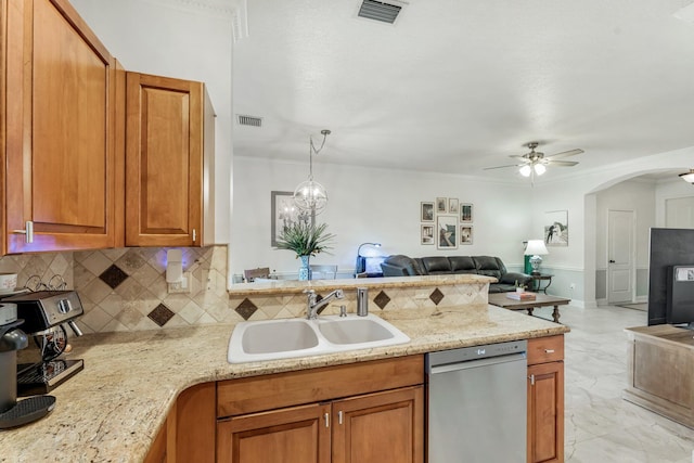 273 River Bluff Ln, Royal Palm Beach, FL 33411 - kitchen featuring a sink, stainless steel dishwasher, open floor plan, ceiling fan, and backsplash