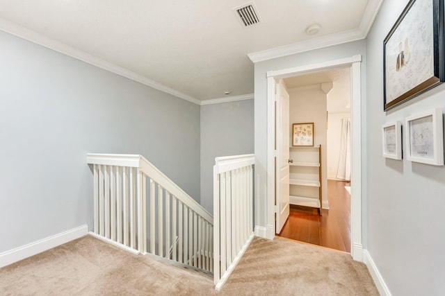 273 River Bluff Ln, Royal Palm Beach, FL 33411 - hall with an upstairs landing, carpet, crown molding, and baseboards