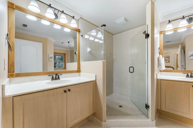273 River Bluff Ln, Royal Palm Beach, FL 33411 - full bath with a stall shower, ornamental molding, vanity, and tile patterned flooring