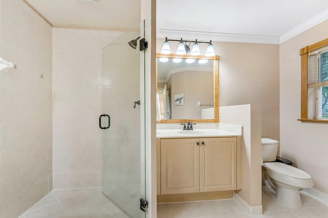 273 River Bluff Ln, Royal Palm Beach, FL 33411 - bathroom with a stall shower, ornamental molding, toilet, vanity, and tile patterned flooring