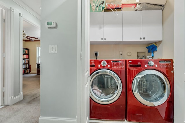 273 River Bluff Ln, Royal Palm Beach, FL 33411 - washroom with washing machine and dryer, cabinet space, a ceiling fan, carpet flooring, and baseboards