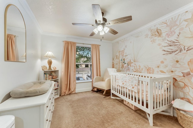 273 River Bluff Ln, Royal Palm Beach, FL 33411 - bedroom with ornamental molding, a nursery area, light carpet, and a ceiling fan
