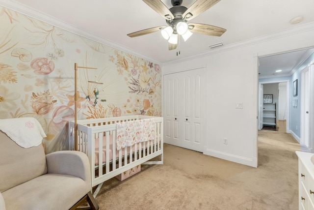 273 River Bluff Ln, Royal Palm Beach, FL 33411 - bedroom featuring ornamental molding, baseboards, light carpet, a closet, and a ceiling fan
