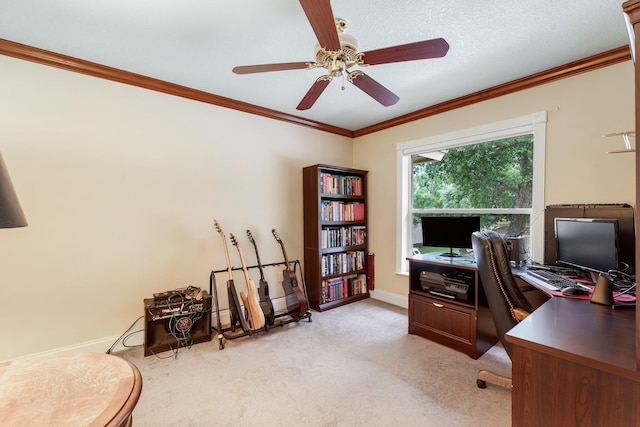 273 River Bluff Ln, Royal Palm Beach, FL 33411 - office area featuring crown molding, light colored carpet, ceiling fan, and baseboards