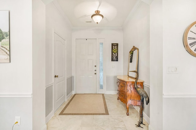 273 River Bluff Ln, Royal Palm Beach, FL 33411 - foyer entrance featuring light marble finish flooring, baseboards, crown molding, and plenty of natural light