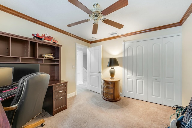 273 River Bluff Ln, Royal Palm Beach, FL 33411 - office area with a ceiling fan, light colored carpet, ornamental molding, and baseboards