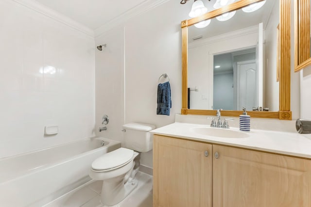 273 River Bluff Ln, Royal Palm Beach, FL 33411 - bathroom featuring toilet, vanity, washtub / shower combination, crown molding, and tile patterned flooring