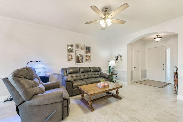273 River Bluff Ln, Royal Palm Beach, FL 33411 - living area with arched walkways, ceiling fan, ornamental molding, and light marble finish floors