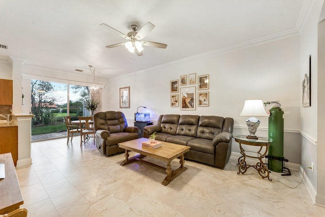 273 River Bluff Ln, Royal Palm Beach, FL 33411 - living room featuring a ceiling fan, light marble finish floors, crown molding, a chandelier, and baseboards