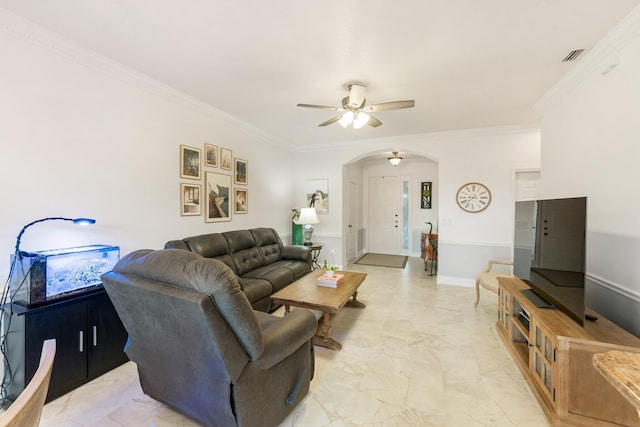 273 River Bluff Ln, Royal Palm Beach, FL 33411 - living area with arched walkways, light marble finish flooring, ceiling fan, and crown molding