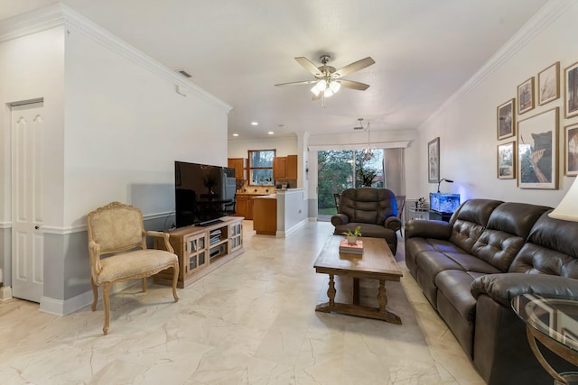 273 River Bluff Ln, Royal Palm Beach, FL 33411 - living area featuring a ceiling fan, ornamental molding, light marble finish floors, recessed lighting, and baseboards