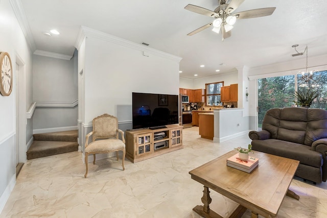 273 River Bluff Ln, Royal Palm Beach, FL 33411 - living room featuring ornamental molding, light marble finish flooring, recessed lighting, baseboards, and a ceiling fan
