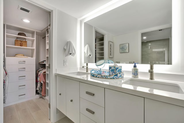 bathroom with double vanity, a spacious closet, a sink, and visible vents