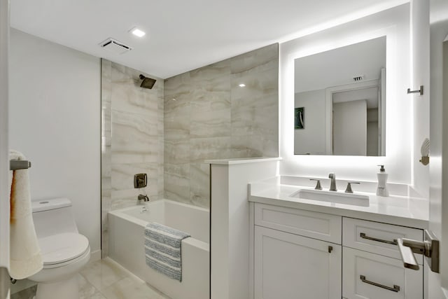 full bathroom with visible vents, shower / tub combination, vanity, toilet, and marble finish floor
