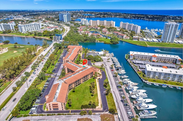 drone / aerial view with a water view
