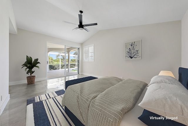 bedroom with finished concrete flooring, access to exterior, a ceiling fan, baseboards, and lofted ceiling
