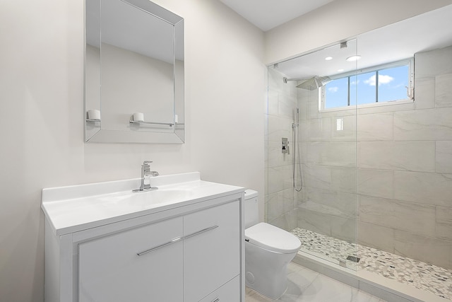 bathroom featuring vanity, a stall shower, and toilet