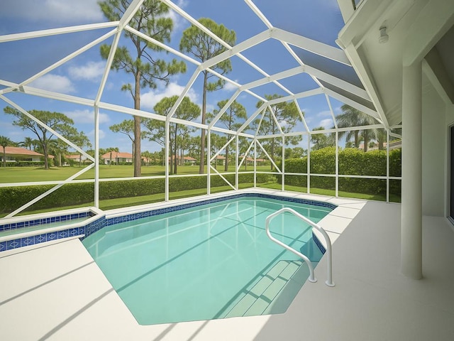 pool with a patio and glass enclosure