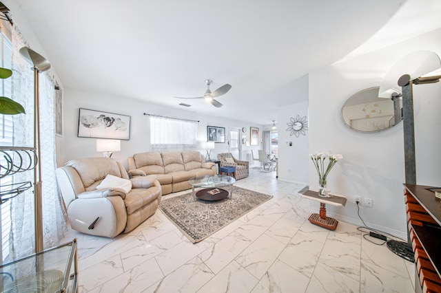 155 N Riomar Dr N, Port Saint Lucie, FL 34952 - living area with marble finish floor, ceiling fan, and visible vents