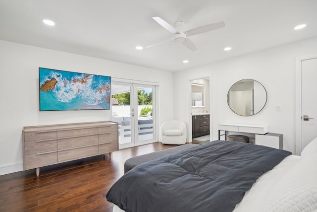 21830 Banyanwood Rd, Boca Raton, FL 33433 - bedroom featuring access to outside, recessed lighting, dark wood finished floors, french doors, and ceiling fan