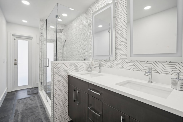 21830 Banyanwood Rd, Boca Raton, FL 33433 - full bath featuring recessed lighting, double vanity, a sink, and a stall shower