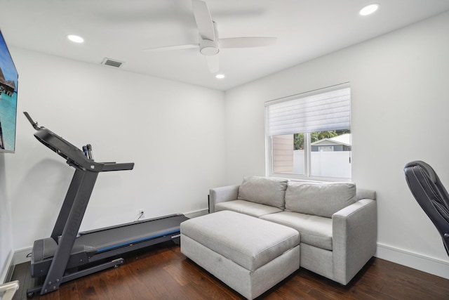 21830 Banyanwood Rd, Boca Raton, FL 33433 - exercise room with recessed lighting, visible vents, hardwood / wood-style flooring, and ceiling fan