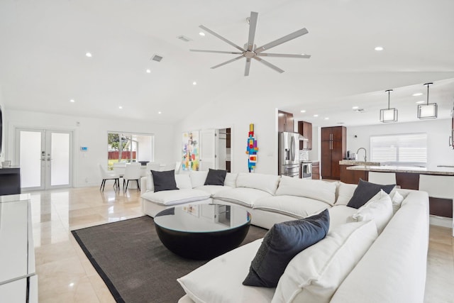 21830 Banyanwood Rd, Boca Raton, FL 33433 - living area featuring plenty of natural light, french doors, visible vents, and ceiling fan
