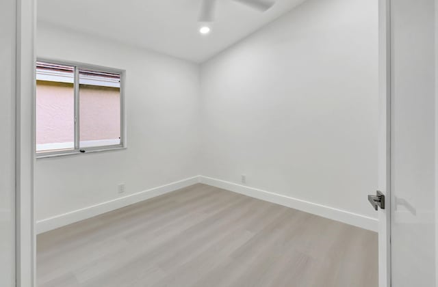 unfurnished room with baseboards, recessed lighting, light wood-style floors, and ceiling fan