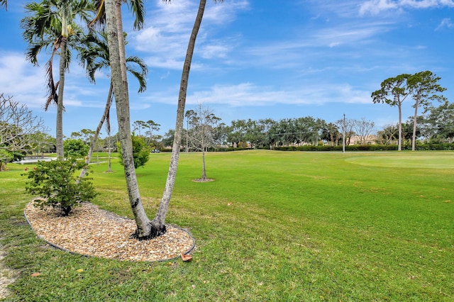 view of community with a lawn and golf course view