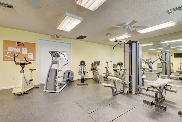 exercise room with a ceiling fan, visible vents, and a textured ceiling