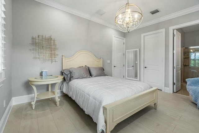 bedroom with ornamental molding, visible vents, wood finished floors, baseboards, and a notable chandelier