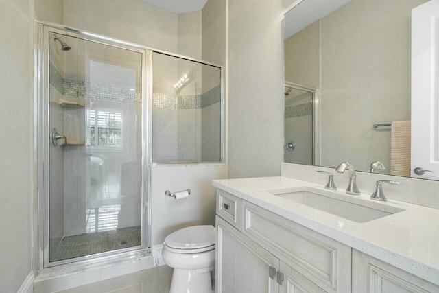 bathroom featuring a shower stall, vanity, and toilet