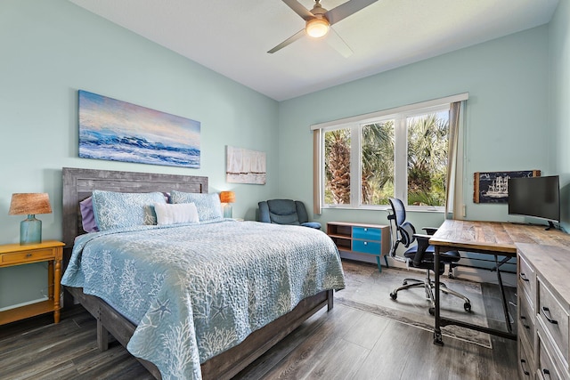 bedroom featuring a ceiling fan and wood finished floors