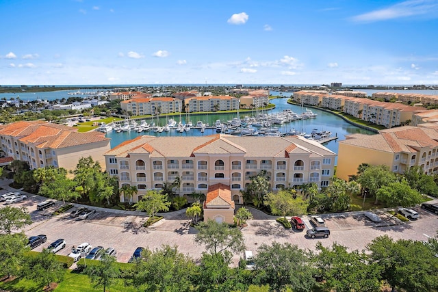 drone / aerial view with a water view