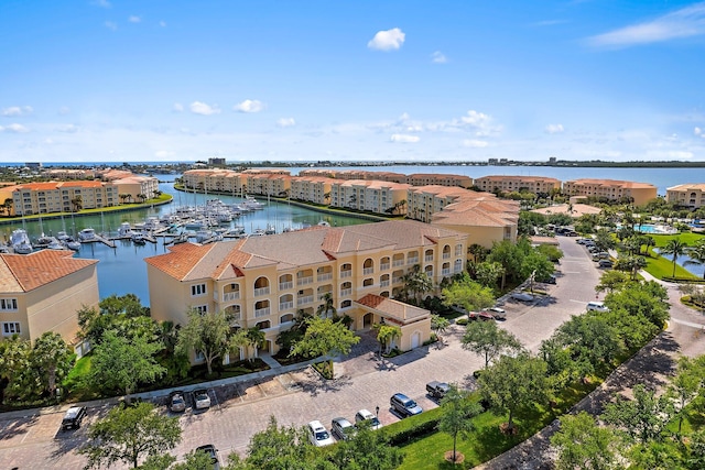 aerial view featuring a water view