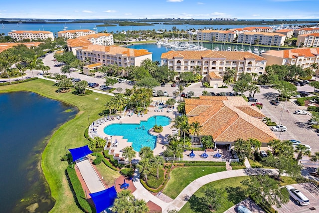 drone / aerial view featuring a water view