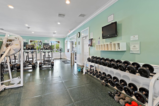 gym with ornamental molding, visible vents, and recessed lighting