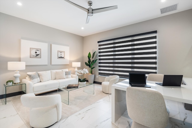 living room featuring marble look tile flooring, recessed lighting, ceiling fan, an office area, and baseboards
