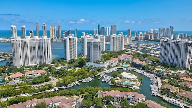 drone / aerial view with a water view and a view of city
