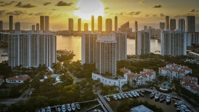 aerial view at dusk featuring a city view and a water view