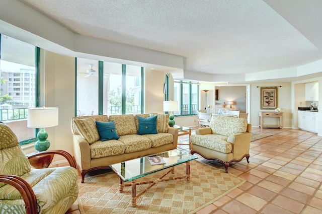 living area featuring a textured ceiling