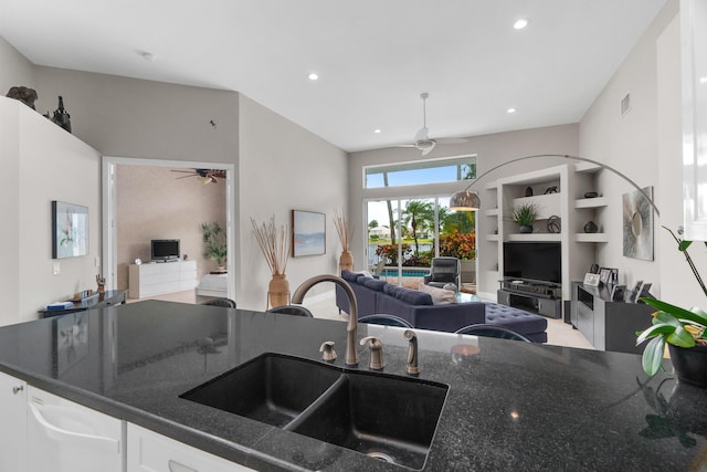 19699 Dinner Key Dr, Boca Raton, FL 33498 - kitchen featuring a ceiling fan, visible vents, recessed lighting, a sink, and open floor plan